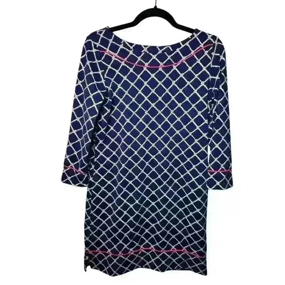 Lands End Navy/ White Nautical Knot Rope Shift Dress 3/4 sleeves Ladies Sm 6-8